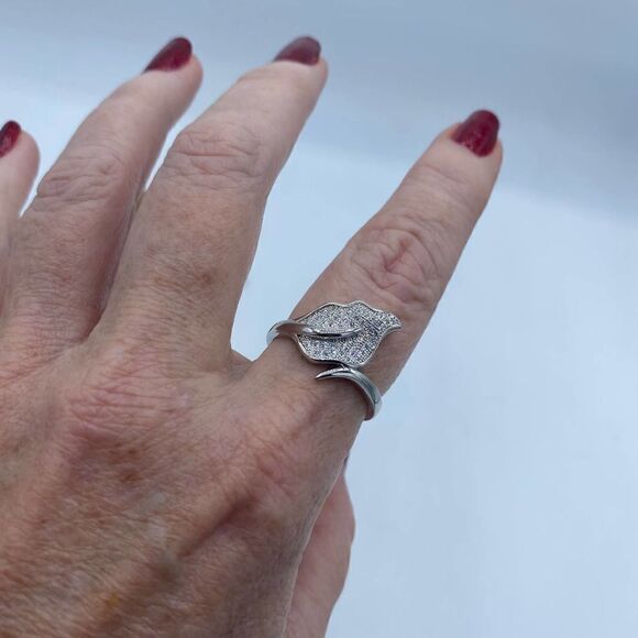 Micro Pave Cz Diamond Leaf Sterling Silver Ring Size 11 - Picture 4 of 10